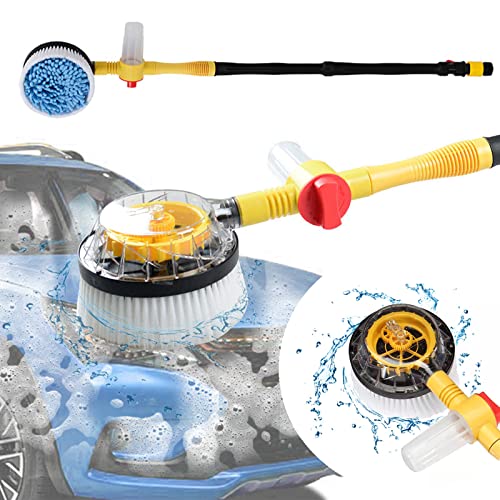 Rotating Car Wash Brush with Hose Attachment, Soft Chenille Microfiber Bristle Car Cleaning Brush Wash Mop Scrub Brush, Long Handle Car Washing Brush Kit with Soap Dispenser (Yellow)