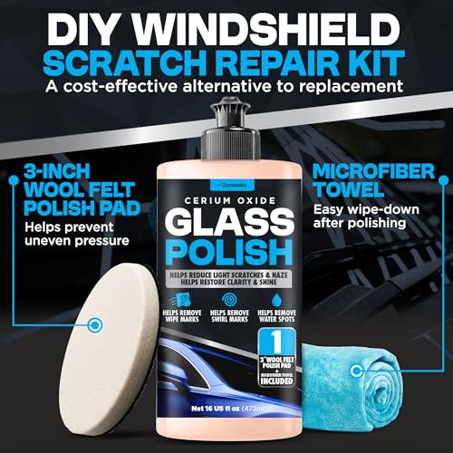 Durabasics Cerium Oxide Glass Polish – Glass Scratch Remover for Light Scratches, Haze & Wiper Marks on Windshields – Glass Polishing Compound with 3” Wool Felt Pad Kit – 16oz