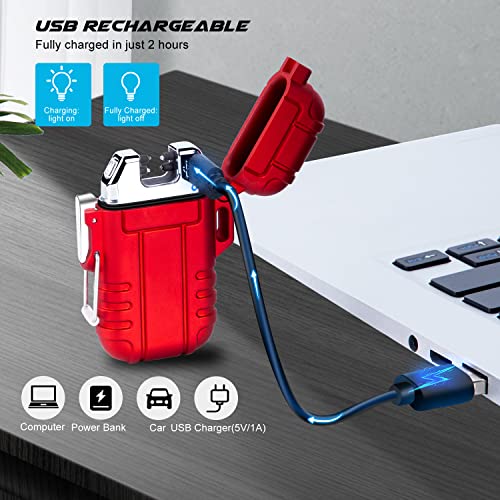 LcFun Arc Lighter Waterproof Windproof Rechargeable USB Plasma Flameless Electric Lighters with Lanyard Sports Fan Lighters for Survival, Tactical, EDC Gear, Camping (Red) - color: Red (Without Whistle)