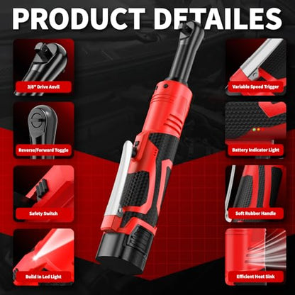 FULLYEA Electric Ratchet Wrench Set,40 Ft-lbs, 550 RPM, 16.8V Cordless Ratchet Wrench 3/8", Variable Speed Power Ratchet Tool Kit with 1/4" Adapter, LED Light, 2 * 2.0Ah Batteries and Fast Charger
