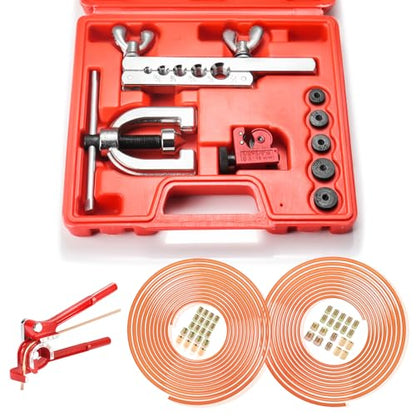Brake Line Kit, 3/16" & 1/4" Brake Line Flaring Tool Kit, Copper Coated Brake Line (With 32 Fittings and 8 Threads Unions) + Double & Single Flare Tool + Tube Bender - size: 1/4" & 3/16" Brake Line Kit With Bender
