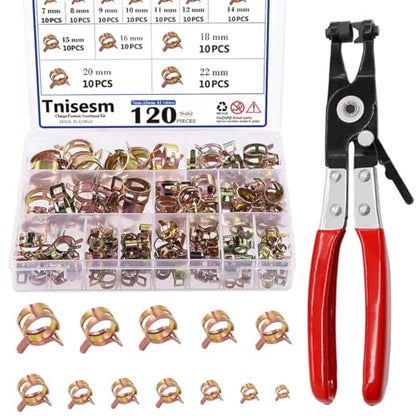 Tnisesm 121Pcs 6-22mm Spring Hose Clamp Assortment Kits with Swivel Flat Band Fuel Hose Clamp Plier, Silicone Vacuum Hose Action Pipe Clamp Low Pressure Air Clip Clamp for Hose Clamps - size: 120Pcs-12 Sizes+Plier