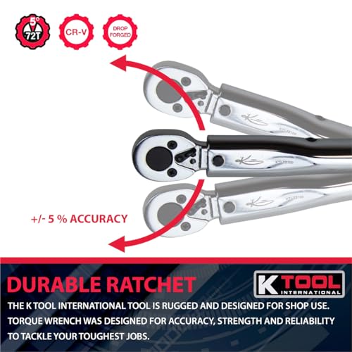 K Tool International 72100 Ratcheting Click Torque Wrench, 20 to 200 Inch Pound Range, Clockwise Operation, 4 Percent Accuracy, Audible Click, Compact Length