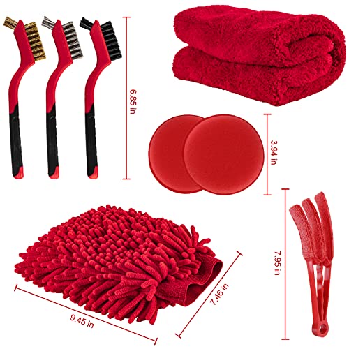 Amiss 18 PCS Car Cleaning Tools Kit, Car Detailing Brush Set with Driller Attachment Set, Car Wash Kit, Car Cleaning Brushes for Cleaning Interior, Exterior, Wheels, Etc. (Red)