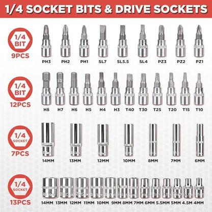 CARTMAN 53PCS 1/4 in Drive Socket Ratchet Wrench Tool Set with Bits&Case | auto repair, home maintenance, garage, DIY, metric sockets, ratchet wrench, bit socket set, extension bar, storage case - style: 53 Piece