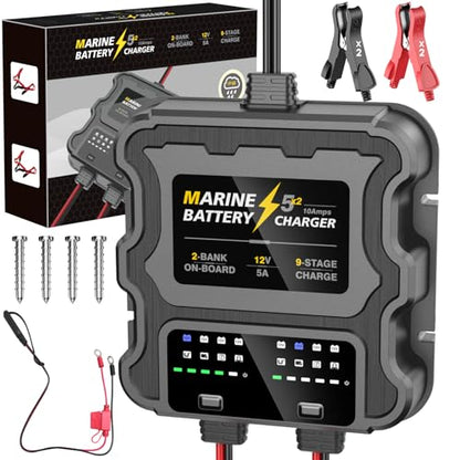 Smart 2 Bank Marine Battery Charger, 10A (5A/Bank), 12V,Waterproof,lifepo4 Lithium Battery Charger Maintainer and Desulfator for AGM, Lithium,Deep-Cycle Batteries Boat Accessories - size: 2 Bank(10A)