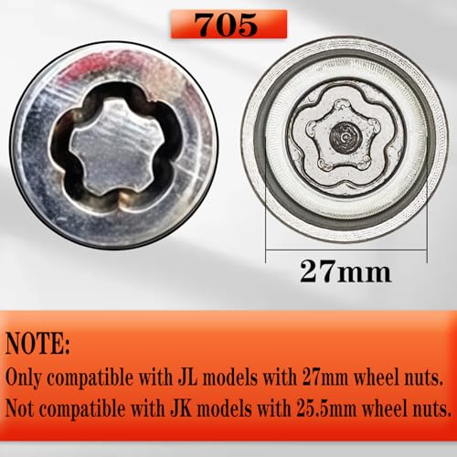 JL 705 for 27mm Nuts, Wheel Locking Nut Key for Jeep (JL) Dodge | Wheel Lock Nut Socket Adapter, Anti-Theft Lug Nut Removal Tool, Anti-Theft Screw Remover, Repair Tool, Tyre Fitting, garage - size: 705