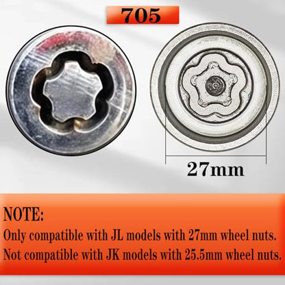JL 705 for 27mm Nuts, Wheel Locking Nut Key for Jeep (JL) Dodge | Wheel Lock Nut Socket Adapter, Anti-Theft Lug Nut Removal Tool, Anti-Theft Screw Remover, Repair Tool, Tyre Fitting, garage - size: 705