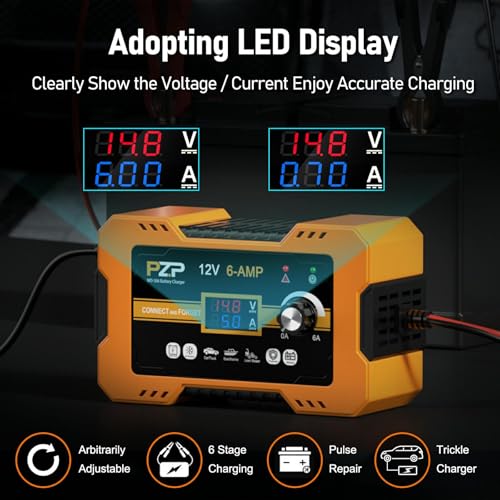12V Automatic Car Battery Charger, 0-6A Arbitrarily Adjustable Smart Trickle Charger, Auto Desulfator with Battery Repair, Battery Maintainer with Winter Mode for AGM, Gel, Deep Cycle, Lead-Acid - color: Sun orange