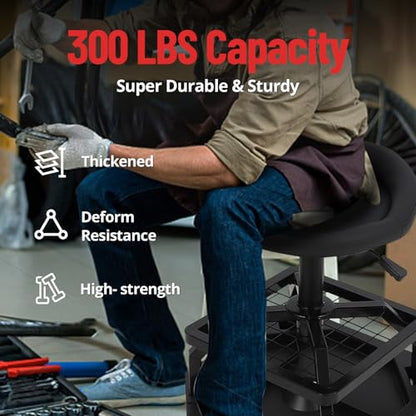 TrailBlaze Heavy Duty Rolling Mechanic Stool with Wheels - Adjustable Height - 360° Swivel Soft Padded Seat - Tool Tray - 4 All-Purpose Casters - 330 lbs Capacity - Round Frame Feet - size: without Cup Holder