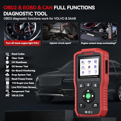 iCarsoft OBD2 Scanner for Volvo/Saab, VOL V1.0 All Systems in-Depth Diagnostic Tool, Oil Reset/SAS Reset/Live Data, Code Reader Scan Tool, CAN-FD Supported -Lifetime Free Updates - style: For VOLVO/SAAB