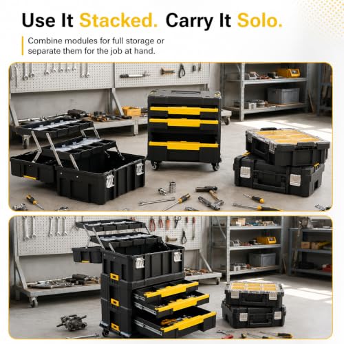 TLGREEN 4-Tier Stackable Rolling Tool Box with Cantilever Tray | Tool Storage System with 180-Degree Cantilever Tray; Faster Access to Frequently Used Accessories And Small Parts