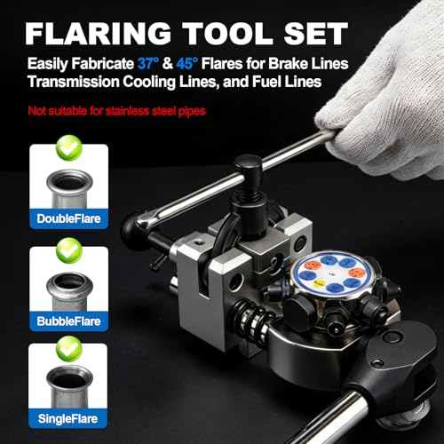 Brake Line Flaring Tool Kit, 37° & 45° Double/Bubble/Single Flares, All-in-One Tubing Flaring Tool with Cutter & Deburring Tool, for 3/16"–3/8" Brake, Fuel & Transmission Lines
