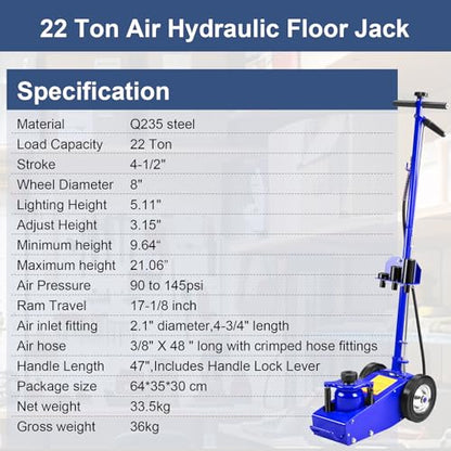 Air Hydraulic Floor Jack Blue, 22 Ton Capacity - color: Blue