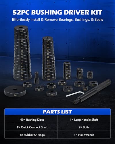 Orion Motor Tech 52-in-1 Custom Bushing Driver Tool Set and Transmission Wheel Axle Bearing Race Seal Installer Remover, Bush Removal Puller Bearing Press Tool Kit - color: Black Handle