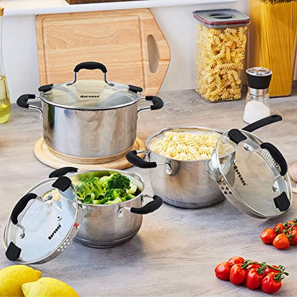 Rorence 3.7 Quart Saucepan with Glass Lid: Stainless Steel Sauce Pan with Two Sides Pour Spout & Riveted Silicone Handles & Build-in Strainer Tempered Glass Cover … - size: 3.7 quarts