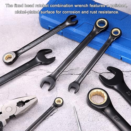 HARFINGTON 3Pcs Ratcheting Wrench Set 15-17mm Metric Open End Wrench 72-Teeth CR-V Steel 12 Point Nickel Plated Combination Ratchet Wrench for Fasteners Nut Bolt - size: 15mm/16mm/17mm