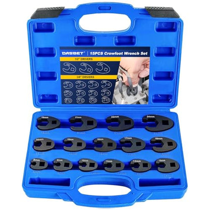 DASBET Crowfoot Wrench Set for 8mm to 24 mm Flare Nuts, 15PCS Metric Crows Foot Wrench Kit for 3/8'' and 1/2'' Drives Ratchets Large & Small Metric Flare Nut Tool Kit for Nut Removal and More