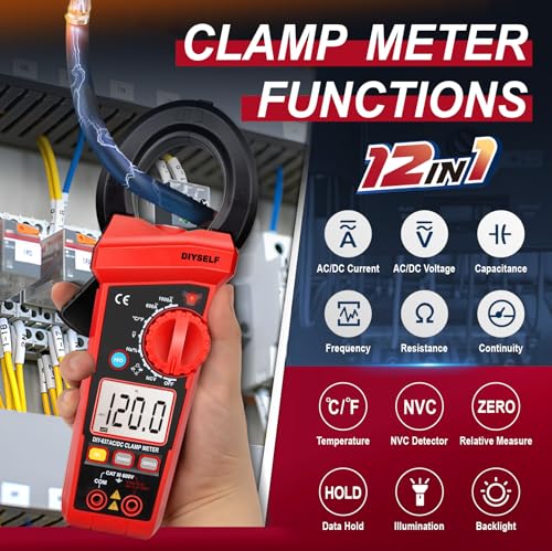 DIYSELF 6000 Counts Digital Clamp Meter, True RMS AC/DC Voltage Tester, Amp Meter Capacitance Meter, Resistance Continuity Tester, Professional Multimeter with Test Leads Pouch and Batteries