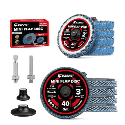 EZARC 10PCS Mixed Flap Disc Set for Die Grinder, 3" Flat & 2" Curved Zirconia Sanding Discs with Holder and 1/4" Shanks, 40 Grit Roll Lock Quick Change Grinding Wheels for Weld Rust Paint Removal - size: 40Gr 10P