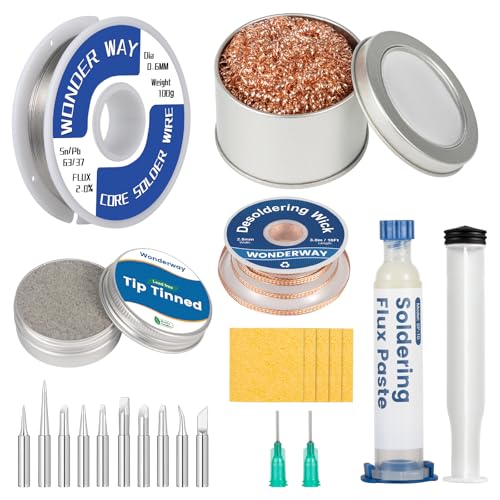 Tip Cleaning Kit, Solder Wick, 0.6mm Solder Wire, Solder Iron Tip, Brass Cleaning Wire, Soldering Tip Cleaner, Cleaning Sponge & Solder Flux, Supplied By Wonderway (SWK-002) - color: Swk-002