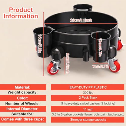 Heavy-Duty Bucket Dolly with Wheels,5 Gallon Bucket Roller with Locking Casters & Secure Clamp,Rolling Bucket Cart for Cleaning, Gardening,Industrial Use,300Lbs,Equipped with three detachable brackets - color: Black2