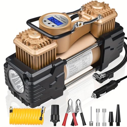 Dual Cylinder Tire Inflator Air Compressor, 150 PSI 12V DC Portable Air Pump with Digital Display, LED Flashlight, Auto Shut-Off, Heavy Duty for Truck, SUV, Car, RV (GOLD) - color: Gold