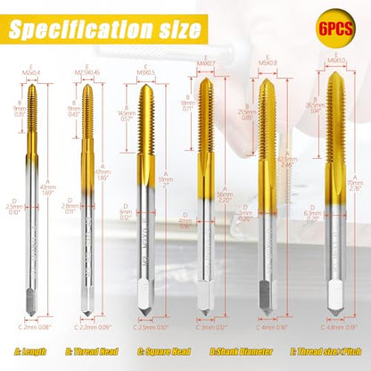 6Pcs Metric Tap Set with 1Pc Tap Wrench, M2 HSS Thread Tap Set from M2 to M6, Machine Screw Tap for Metal,Aluminum,Plastic,Wood - size: M2 to M6 - 6Pcs Tap Set