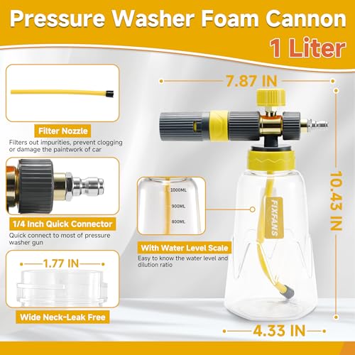 FIXFANS Foam Cannon Gun Dual Connector Accessory for Pressure Washer, Double Tip Attachment Soap Cannon with Power Washer Short Gun, Car Wash Foam Gun Kit, 1/4" Quick Connect, 5 Nozzle Tips - size: 1000ML