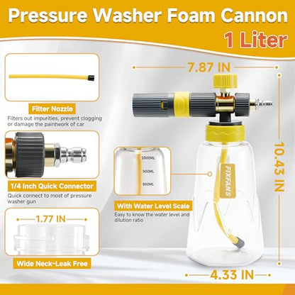 FIXFANS Foam Cannon Gun Dual Connector Accessory for Pressure Washer, Double Tip Attachment Soap Cannon with Power Washer Short Gun, Car Wash Foam Gun Kit, 1/4" Quick Connect, 5 Nozzle Tips - size: 1000ML