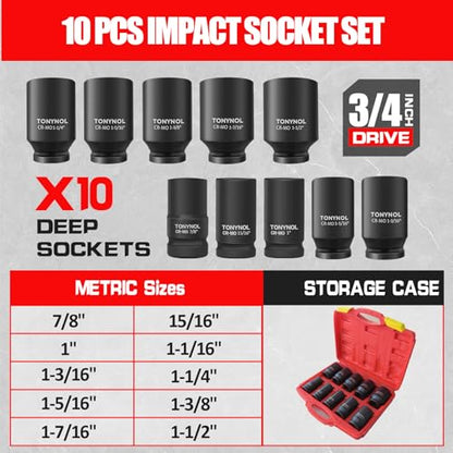 TONYNOL 3/4 Inch Drive Deep Impact Socket Set,6-Point,Sae Size(7/8“ to 1-1/2”),10 Pcs,Cr-Mo.Heavy Duty Impact Socket Set,With a Storage Case. - size: 3/4" Drive 10-Piece (7/8" to 1-1/2") Deep