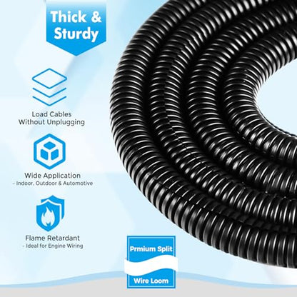 Automotive Wire Loom Flame Retardant Split Wire Loom Tubing Assortment Wiring Loom Kit Plastic Cover Electrical Covering Conduit Protective Wire Wrap Cable Sleeves Black 1/4" x 125 Ft - size: 1/4" x 125 ft