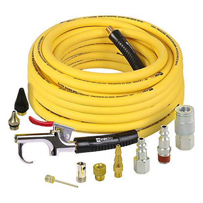 Air Compressor Accessories Kit, 3/8 Inch × 50 Feet Hybrid Air Hose with 1/4 Inch Male NPT Brass Connection, Bend Resistent, 3 Pieces Industrial Air Fittings, Air Blow Gun with 6 Pieces Nozzles