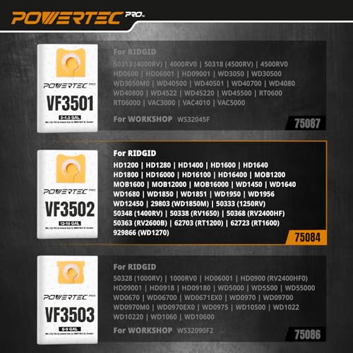 POWERTEC PRO VF3702 Size A Wet Pickup Shop Vac Bags for Ridgid 2 Pack, VF3502 12-16 Gal. Wet or Dry Dust and Debris Collection Dust Bags for Ridgid HD1200, HD1400 Wet Dry Vac (75084) - size: VF3502 (Size A), style: Wet Use (2PK)