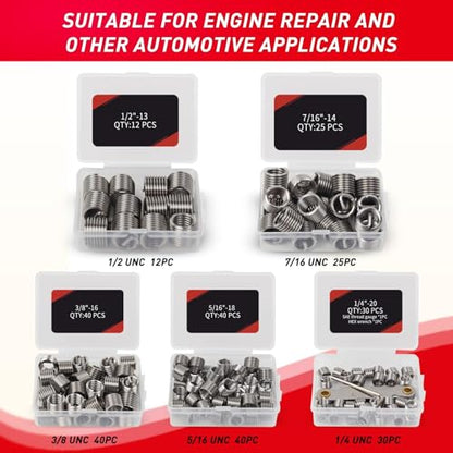 AKM 338Pc Thread Repair Kit, HSS Drill Helicoil Repair Kit SAE&Metric，1/4" 5/16" 3/8" 7/16" 1/2" M5 M6 M8 M10 M12 Kit with Thread Gauge