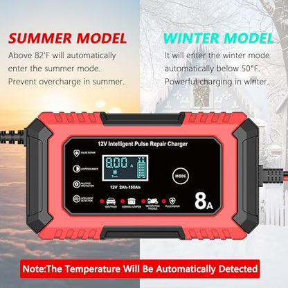 12V Battery Charger 8-Amp Smart Trickle Charger, Red | Battery Maintainer and Desulfator, Temperature Compensation, for Car, Truck, SUV, Motorcycle, Boat, Lead Acid, LiFePO4 ﻿ - color: Red
