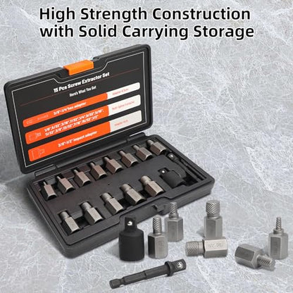 15Pcs Screw Extractor Set Double Hex Head Multi-Spline Lug Nut Remover | 3/8 Inch Drive Easy Out Bolt Extractor Set for Removing Stripped, Rounded, Damaged, Broken Studs Bolts Screws - size: 15pcs