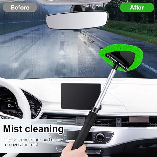 JUSTTOP Windshield Cleaner Tool, Car Interior and Exterior Window Cleaning Kit with Extendable Handle & 4 Reusable Microfiber Pads, Auto Glass Wiper Brush Kit for Car & Home Windows (Green) - color: Green
