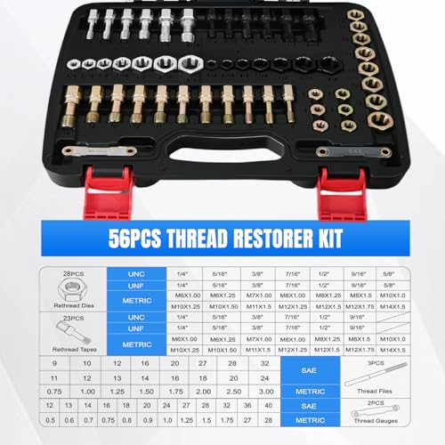 Nilight 56PCS Thread Chaser Set SAE Metric Master Thread Repair Kit with Case 23 Taps 28 Dies 3 Files 2 Gauge Universal UNC UNF Sizes Automotive Tool for Mechanics Auto Shop Home Garage Repair - size: 56PCS Metric & SAE