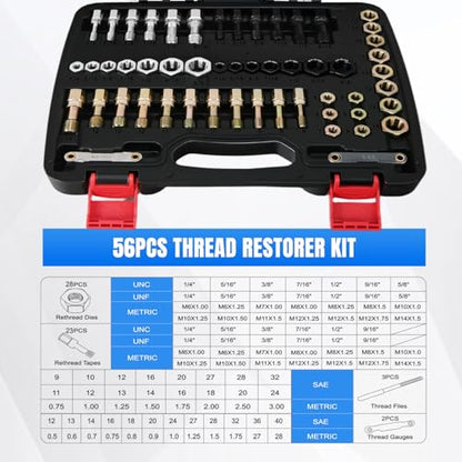 Nilight 56PCS Thread Chaser Set SAE Metric Master Thread Repair Kit with Case 23 Taps 28 Dies 3 Files 2 Gauge Universal UNC UNF Sizes Automotive Tool for Mechanics Auto Shop Home Garage Repair - size: 56PCS Metric & SAE
