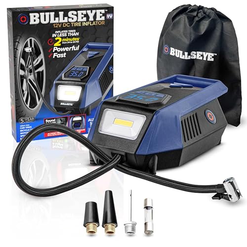 Bullseye 12V DC Car Tire Inflator Portable Air Compressor - Rapid 2 Minute Inflation, Auto Shut-Off, Max 150 PSI, Easy Cord Storage, Digital Pressure Gauge, LED Display (Royal Blue) - As Seen on TV - color: Blue