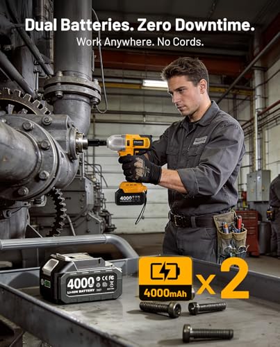1/2" Cordless Impact Wrench, 1400N·m(1032ft・lbs) Brushless High Torque Impact Gun, Electric Impact Driver, 2x4.0Ah Batteries, LED Light, Charger, 6 Sockets, 3 Variable Speeds for Car/ Pickup/Mower - style: 2x4.0Ah Battery