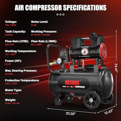 Portable Air Compressor with 8 Gallon Steel Tank, 1.5 HP 2.85 CFM @ 90 PSI, 116 Max PSI Oil-Free Air Compressor for Garage, Home Use, Tire Inflation, Nail Gun, DIY Projects,110V - style: 8Gallons