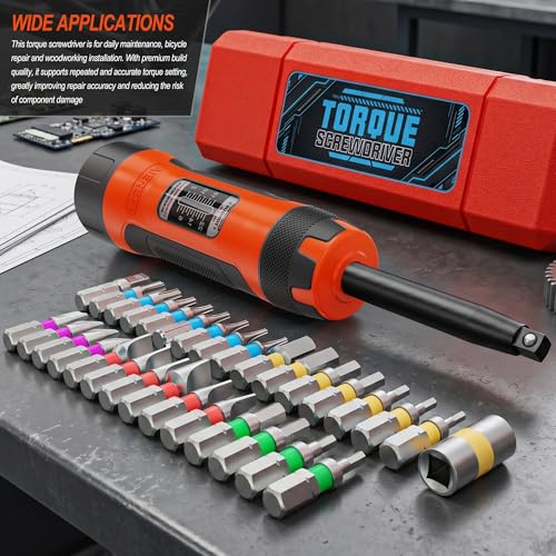 32 PCS 1/4" Drive Long Shank Torque Screwdriver, 2-22 Inch Pound Torque Screwdriver Set with S2 Bits and Socket Adapter for Maintenance, Tools, Bike Repairing and Mounting - size: 2-22 in.-lb. L
