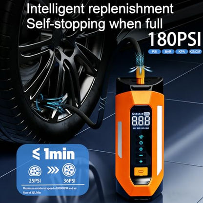 1500A Jump Starter with Air Compressor, 10000mAh Portable Car Battery Jump Starter with 180 PSI Tire Inflator, 12V Jump Box Charger with Flashlight LED Warning Light