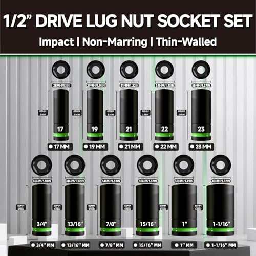 Wheel Lug Nut Socket Set, 11-Piece 1/2-inch Drive Impact Grade Thin Wall Deep Socket, SAE & Metic Non-Marring Wheel Nuts Protector Removal Tool, Cr-Mo Steel, PTM02011 - size: 11-Piece