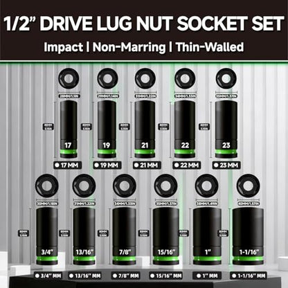 Wheel Lug Nut Socket Set, 11-Piece 1/2-inch Drive Impact Grade Thin Wall Deep Socket, SAE & Metic Non-Marring Wheel Nuts Protector Removal Tool, Cr-Mo Steel, PTM02011 - size: 11-Piece