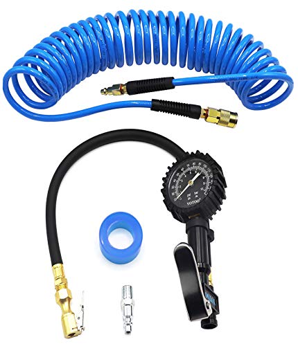 YOTOO Recoil Air Hose Kit with Tire Inflator Gauge, 1/4" Industrial Quick Coupler and Plug for tire infaltion and air Tools