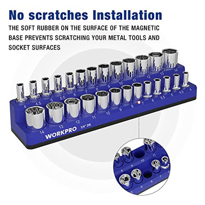 WORKPRO Magnetic Socket Organizer, 1/4-Inch Metric Socket Holder | Hold 26-Piece Sockets, Suitable for Standard and Deep Sockets, Magnetic Base, No Scratches Installation, Socket Not Included - size: 1/4" DR - Metric