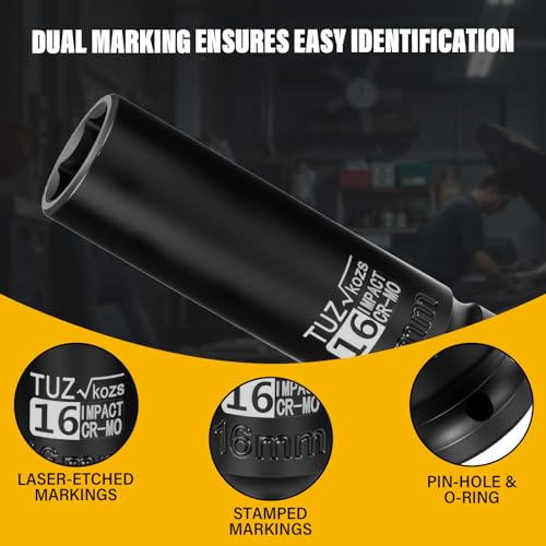 1/2 Inch Drive 16mm Deep Metric 6 Point CR-MO Impact Socket | Radius Corner Design,Square Chamfered Opening,Axle Nut Impact Grade Socket for Easy Removal - size: 1/2” Drive 16mm Deep, style: 1/2" Drive Deep Socket